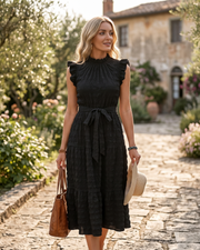 Corinne Robe Brodée Femme – Robe Trapèze Sans Manches avec Ceinture