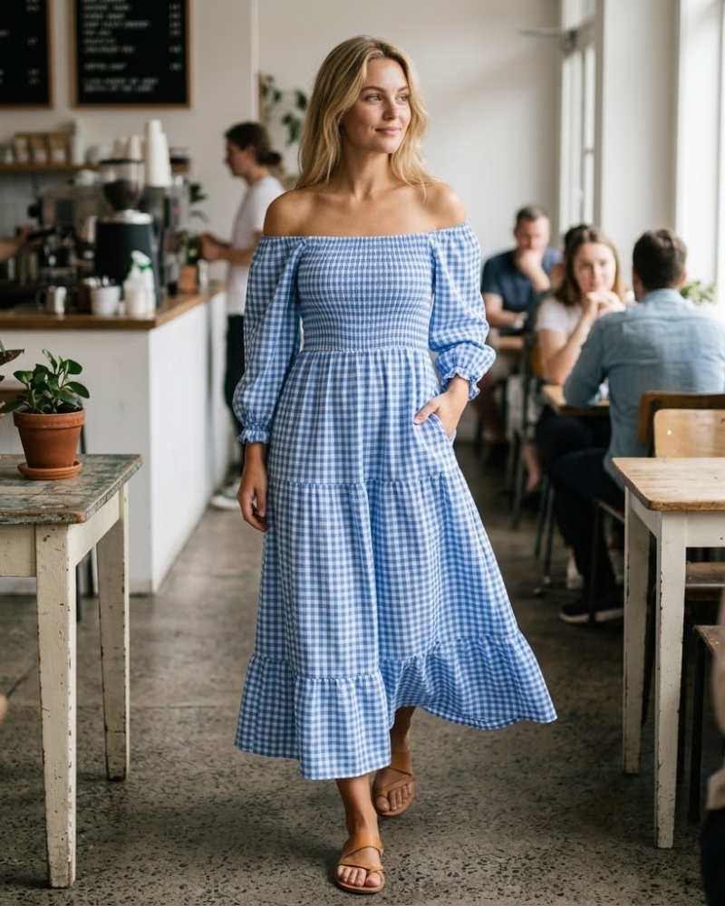 Léonie boho ženska haljina – haljina s golim ramenima, volanima, karo uzorak, midi, ljetna