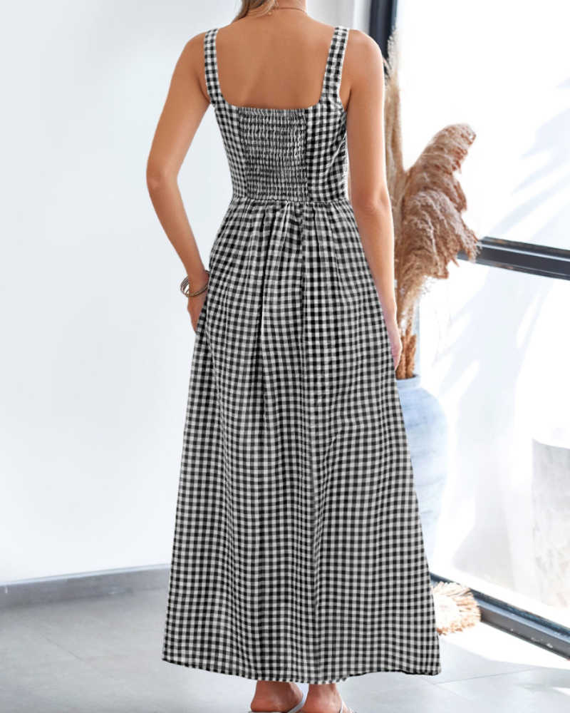 Opely Robe Maxi Femme Carreaux – Col Carré Bretelles & Taille Smockée