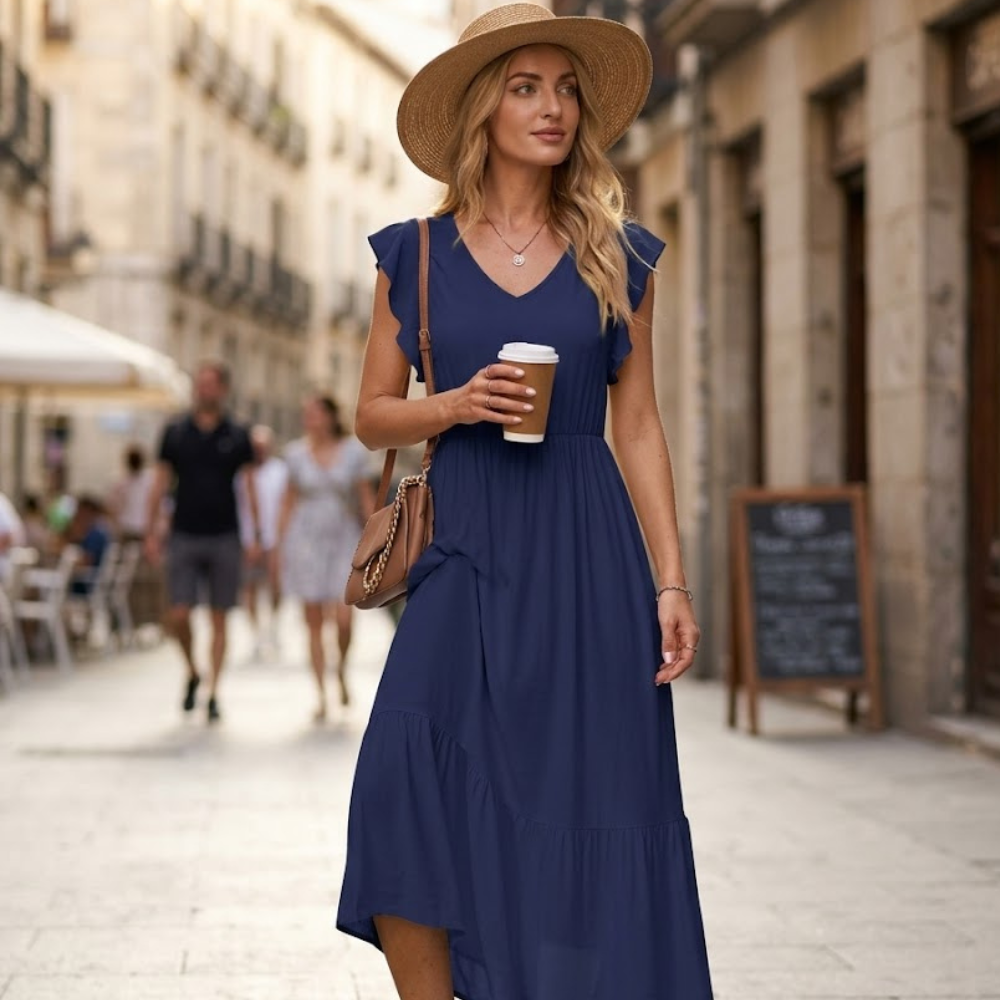 Elena Damenkleid – Midikleid mit Blumenmuster, V-Ausschnitt, fließendem Schnitt und Taschen, Sommer