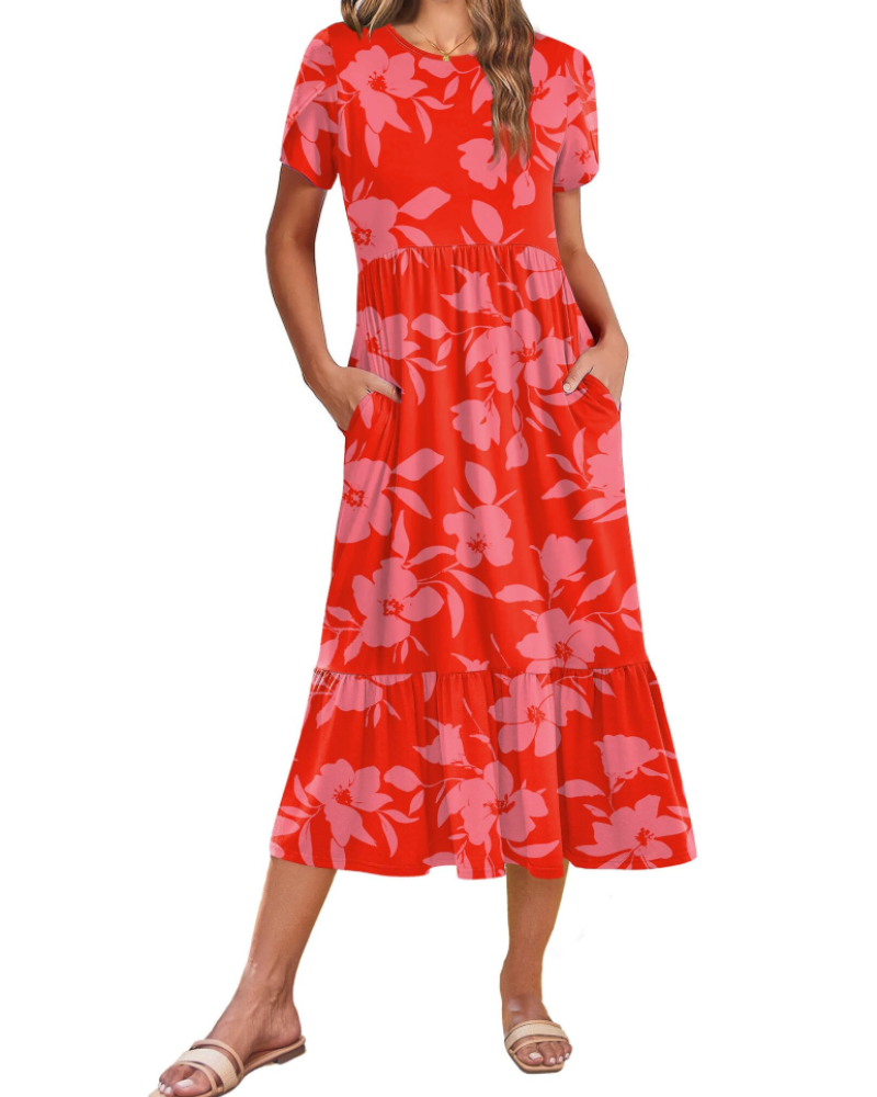 Emily Midikleid für Damen mit Volants – Sommerkleid mit ausgestelltem Schnitt, hoher Taille und Taschen