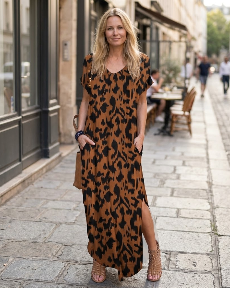 Julie Maxikleid Damen – Langes Kleid mit V-Ausschnitt und Schlitz, lässig, fließend und elegant für den Sommer