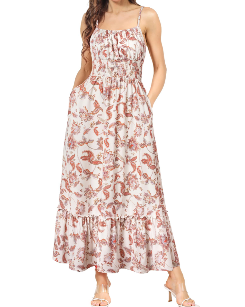 Vestido Maxi Piper para Mulher – Floral Plissado com Alças Finas Ajustáveis