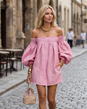 Vestido Mini Sawyer para Mulher – Vestido com Ombros Descobertos, Efeito Linho, Mangas Bufantes, Corte Evasé