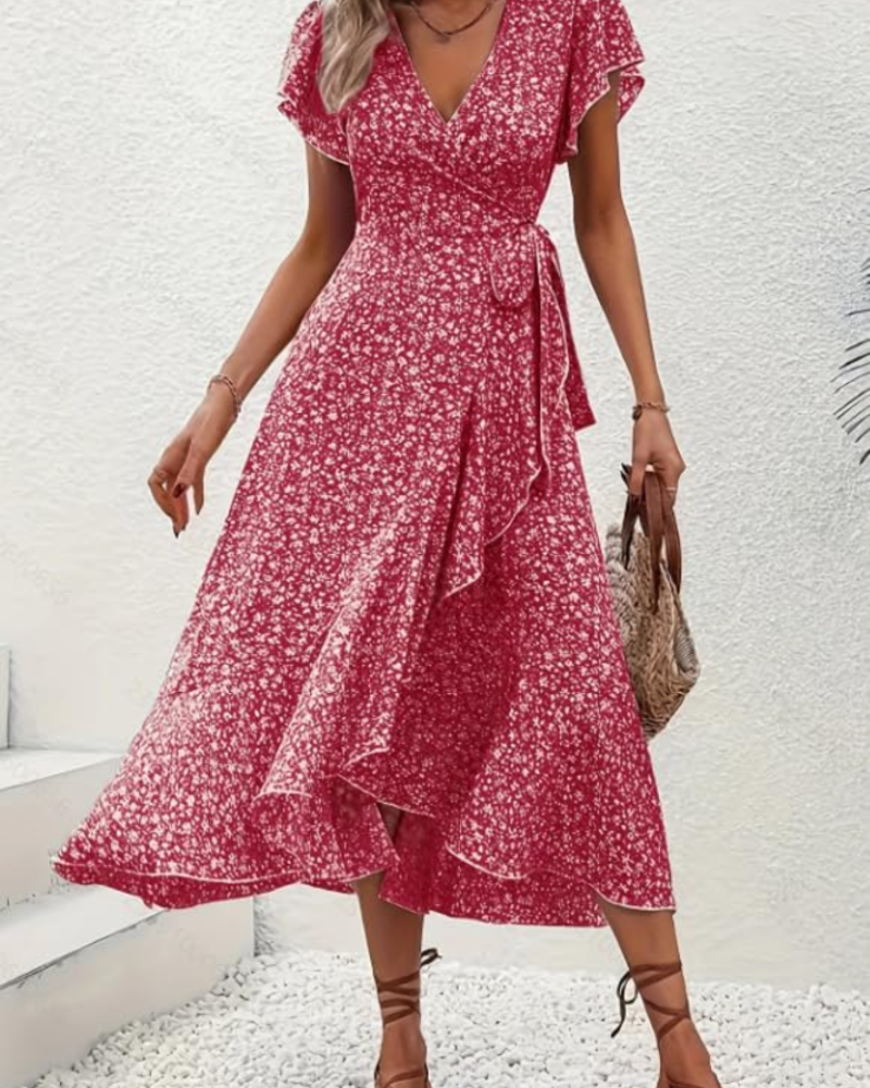 Celeste Robe Midi Fleurie Femme – Robe Col V Taille Empire avec Ceinture