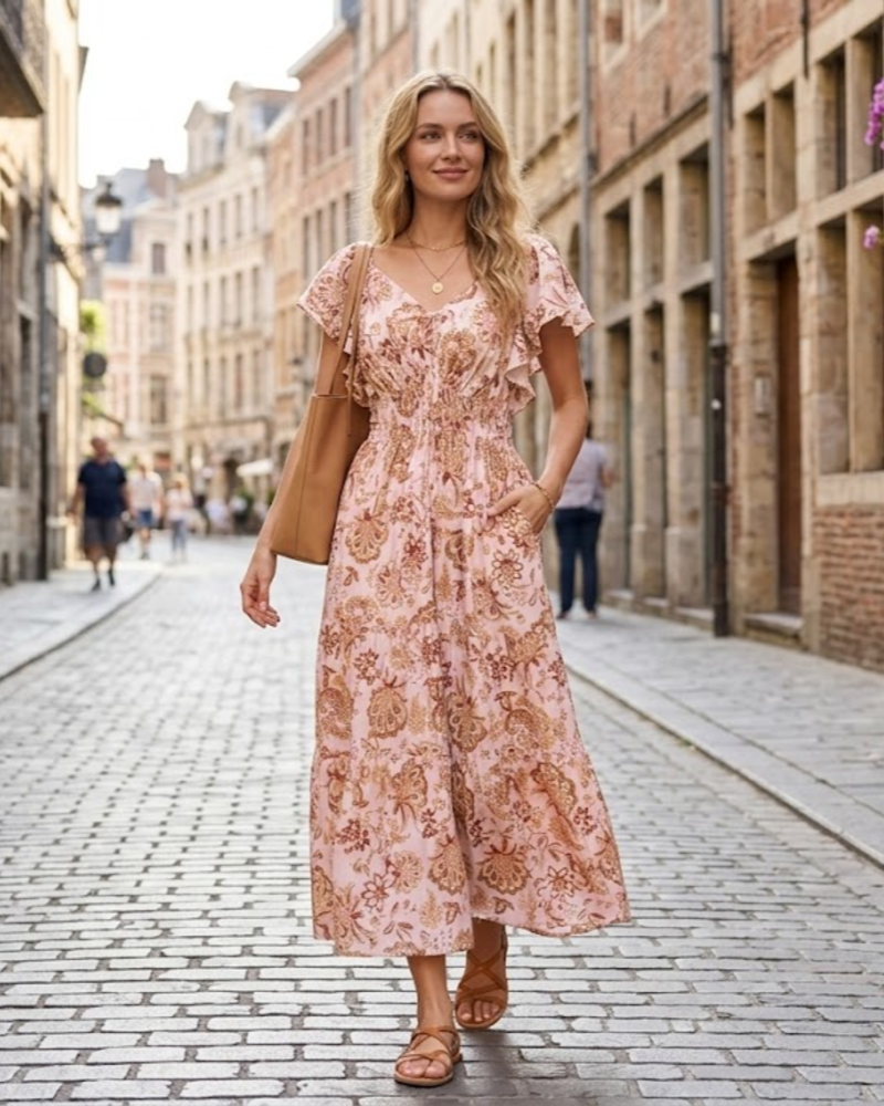 Brianna Maxikleid für Damen – Florales Muster, V-Ausschnitt, eckiger Kragen, Volants & Taschen