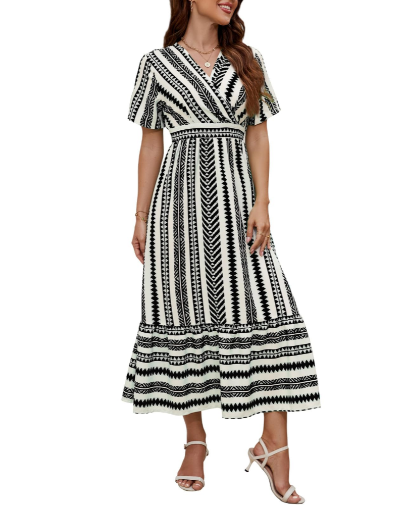 Elsie Damen Sommerkleid – Gestreifter V-Ausschnitt, A-Linien-Schnitt mit Taschen