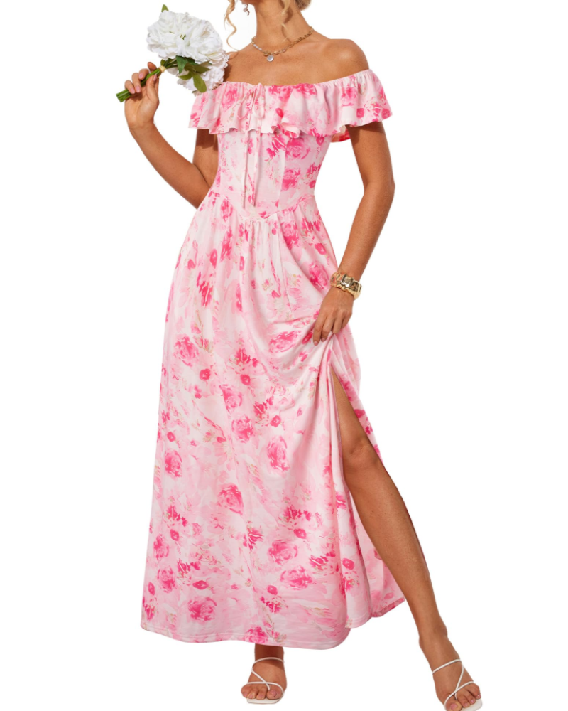 Brianna Maxikleid für Damen – Florales Muster, V-Ausschnitt, eckiger Kragen, Volants & Taschen