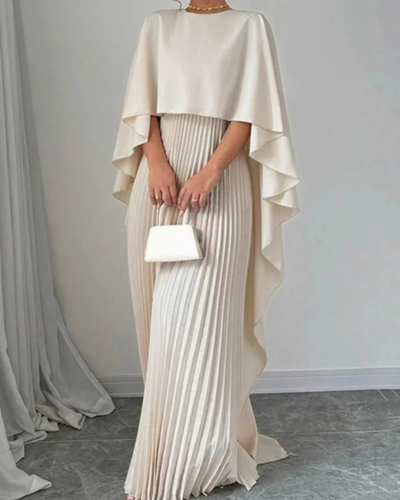 Genevieve Robe Maxi Femme – Robe Longue avec Cape Fluide et Jupe Plissée Élégante