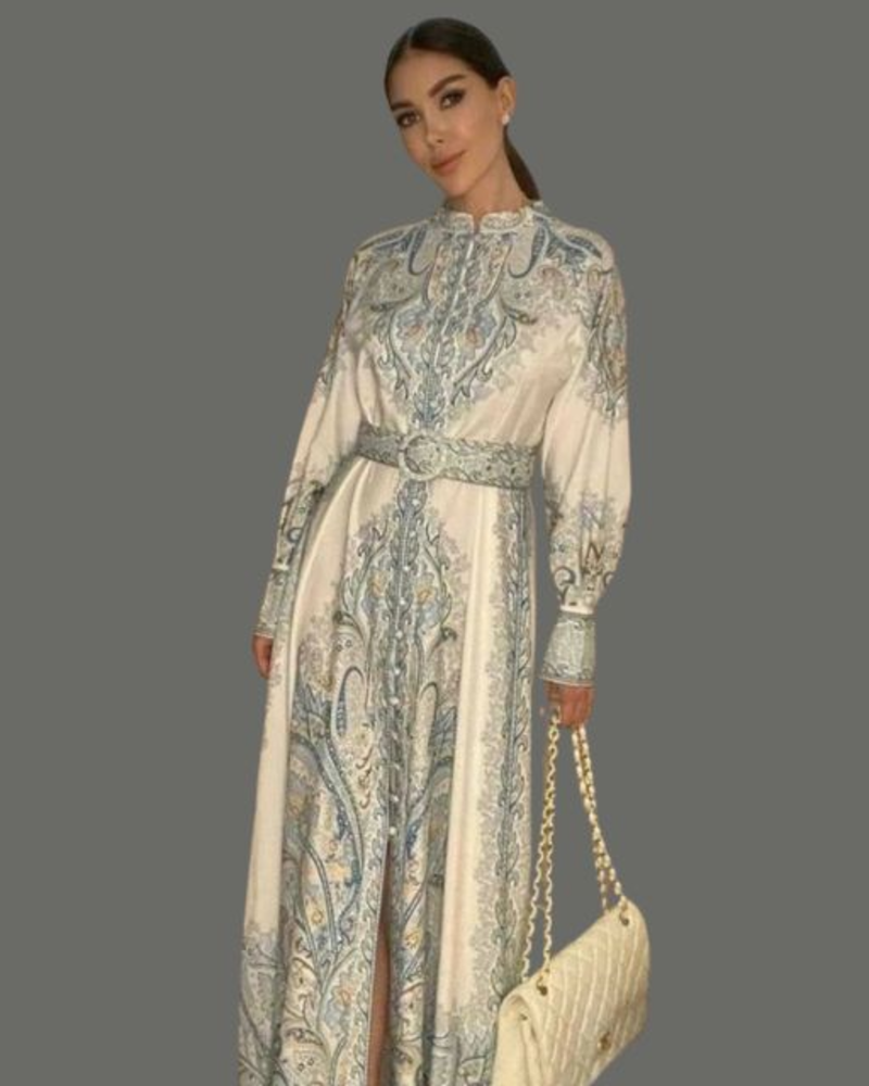 Vestido Vivienne para mujer – Vestido floral con cinturón, cuello clásico, corte elegante midi