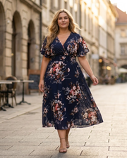 Élise Robe Femme – Robe Midi Fleurie Col V A-Line Lin Coton Fluide Élégante Été