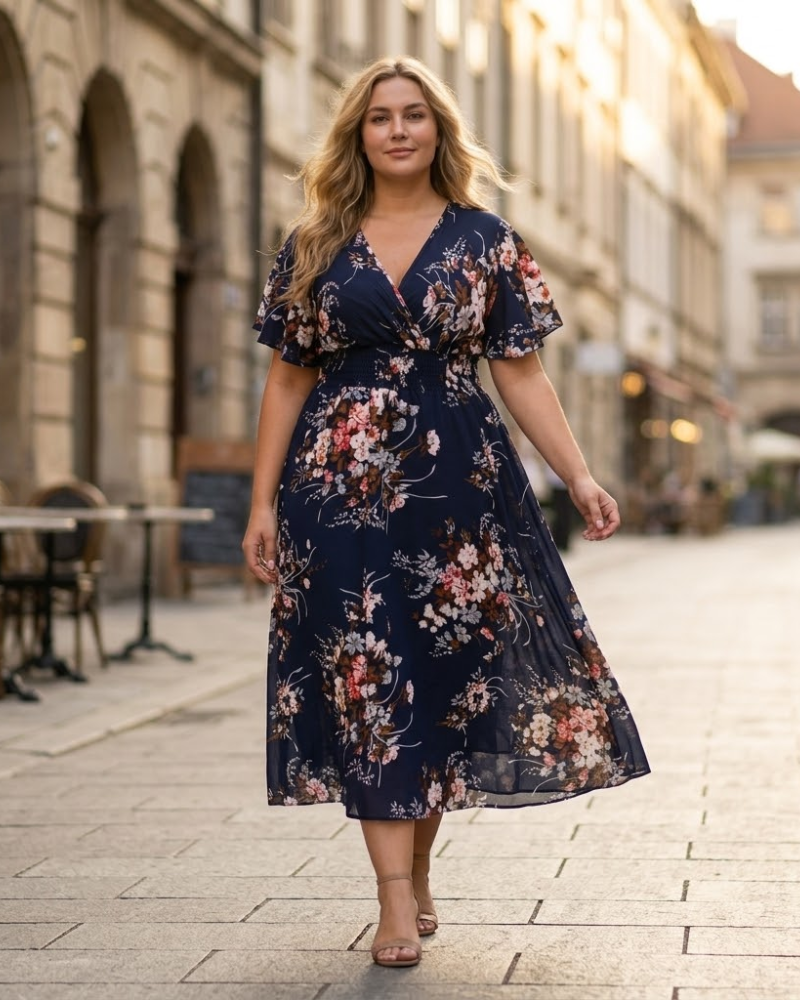 Élise Women's Dress – Floral Midi Dress V-Neck A-Line Lightweight Linen Cotton Elegant Summer