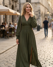 Éliana Robe Longue Femme – Robe Élégante à Col V, Taille Haute et Manches Lanterne