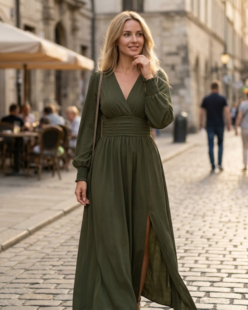 Éliana Robe Longue Femme – Robe Élégante à Col V, Taille Haute et Manches Lanterne