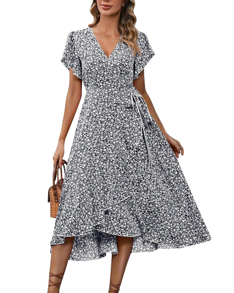 Celeste Robe Midi Fleurie Femme – Robe Col V Taille Empire avec Ceinture