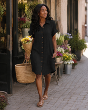 Éliora Vestido Camiseiro de Senhora em Algodão e Linho – Vestido com Botões, Decote em V e Bolsos