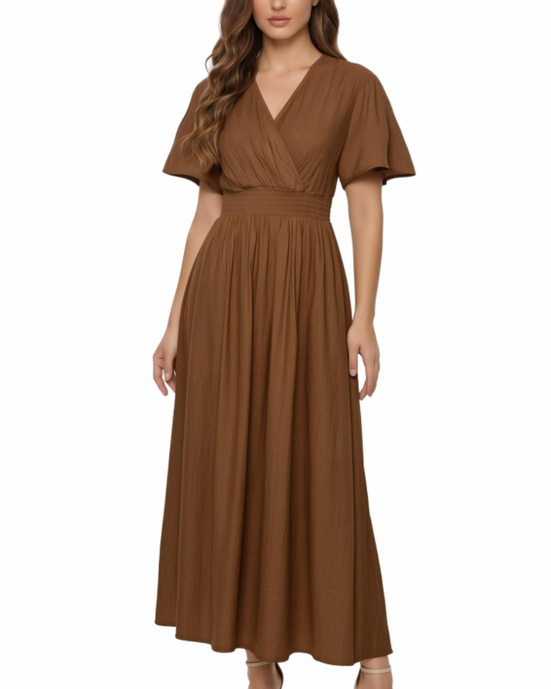 Vestido Maxi Sarai para Mulher Verão – Liso com Decote em V, Mangas com Folhos, Cintura Elástica