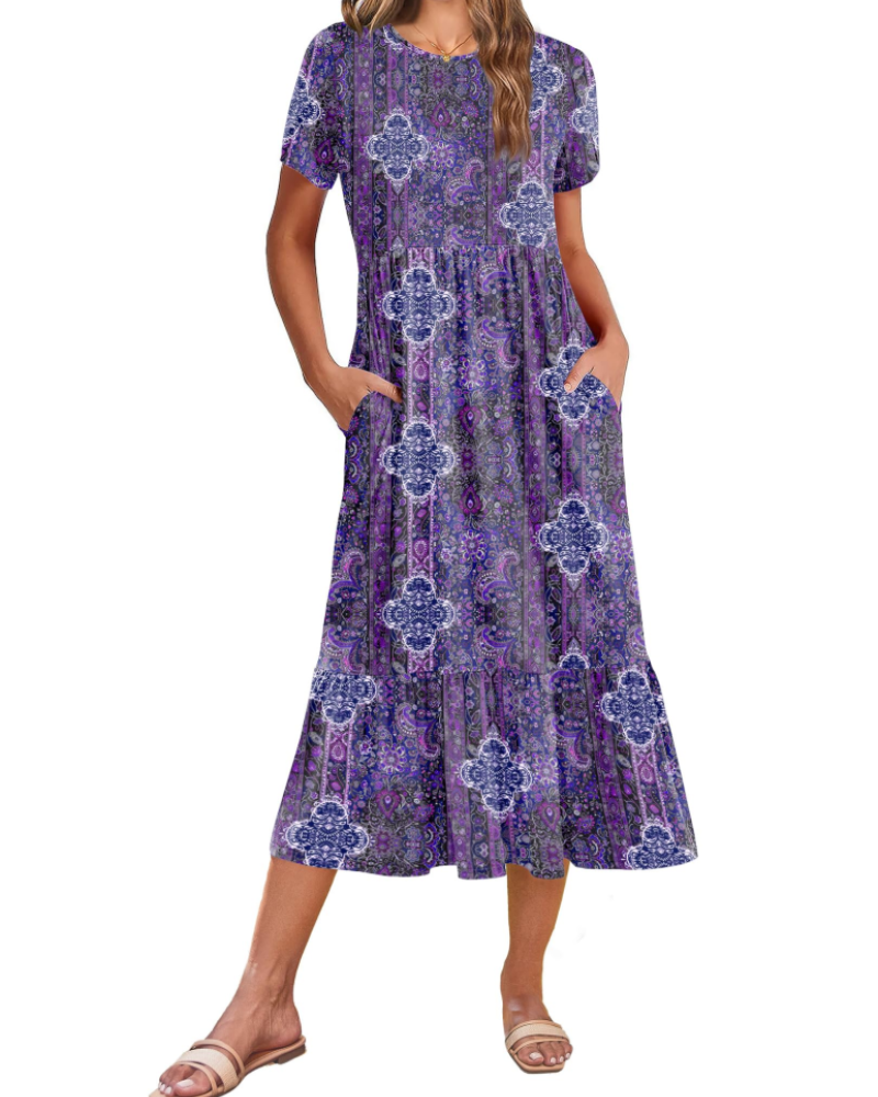 Emily Midikleid für Damen mit Volants – Sommerkleid mit ausgestelltem Schnitt, hoher Taille und Taschen