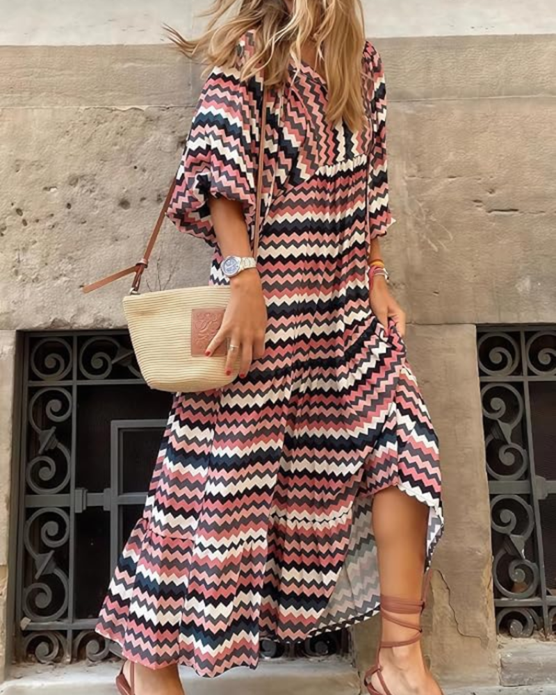 Rina Šaty Boho Femme – Květinový Vzor, Výstřih do V a Lehká Nabíraná Letní Rukávová