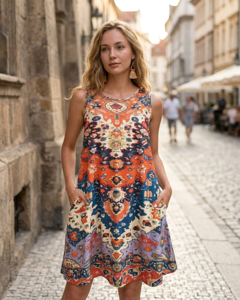 Vestido de Verano para Mujer Léna – Vestido Línea A con Tirantes, Escote en V y Bolsillos, Largo Medio