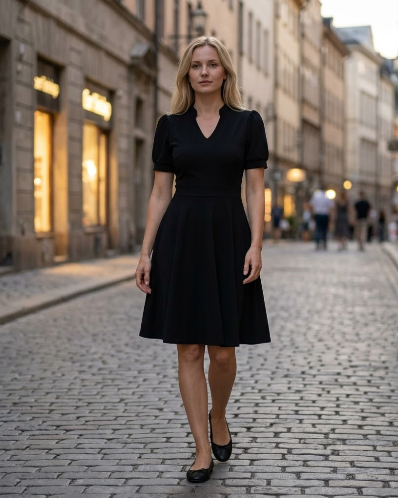 Sophie Kleid Damen – Ausgestelltes Kleid mit V-Ausschnitt, Puffärmeln und Taschen, elegant