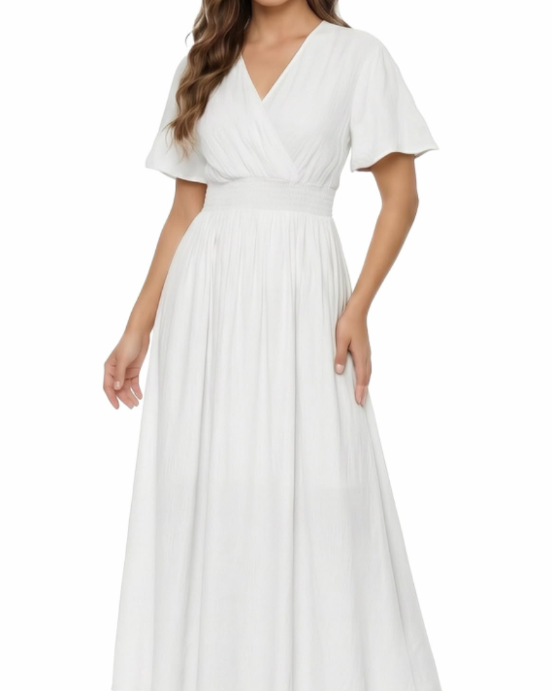 Vestido Maxi Sarai para Mulher Verão – Liso com Decote em V, Mangas com Folhos, Cintura Elástica