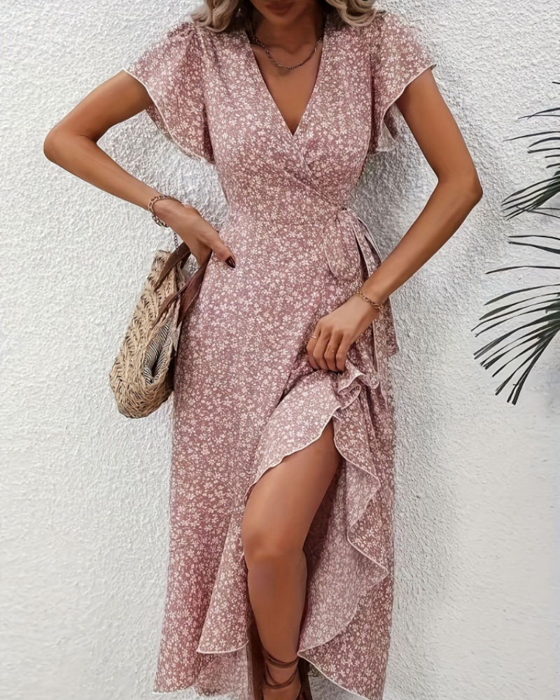Celeste Robe Midi Fleurie Femme – Robe Col V Taille Empire avec Ceinture