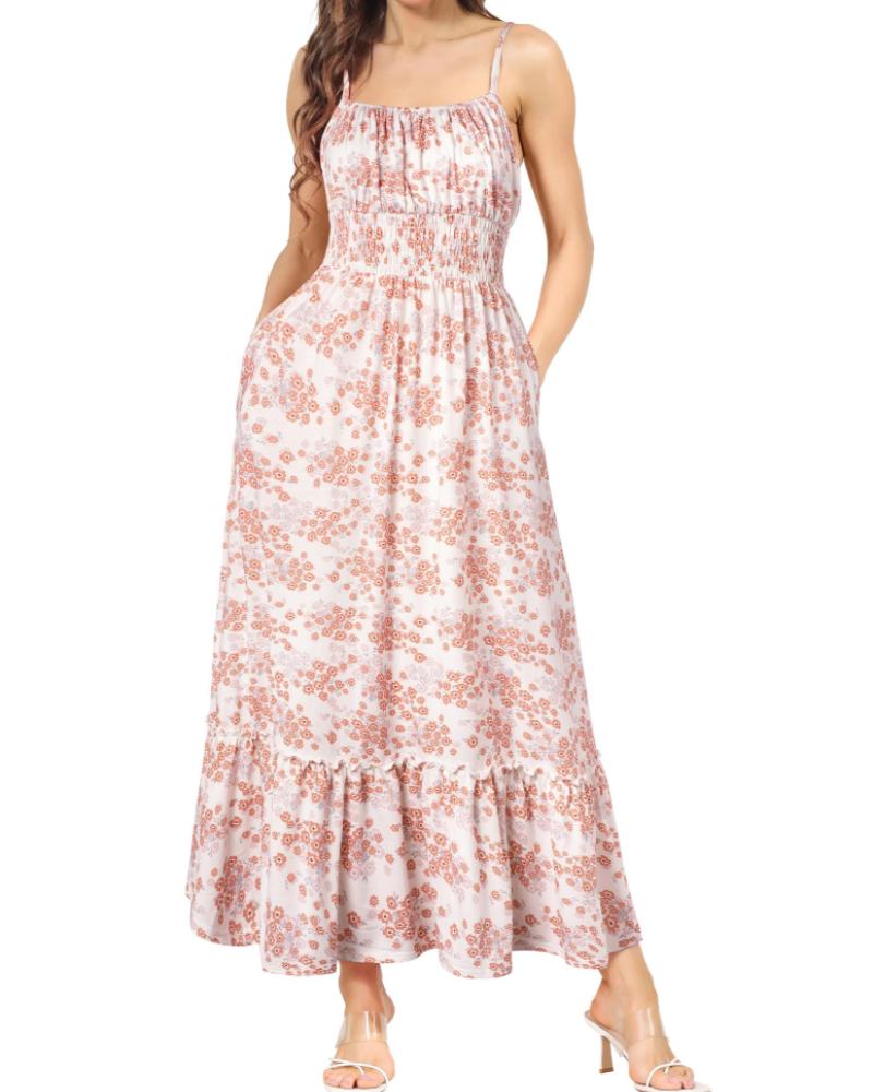 Vestido Maxi Piper para Mulher – Floral Plissado com Alças Finas Ajustáveis