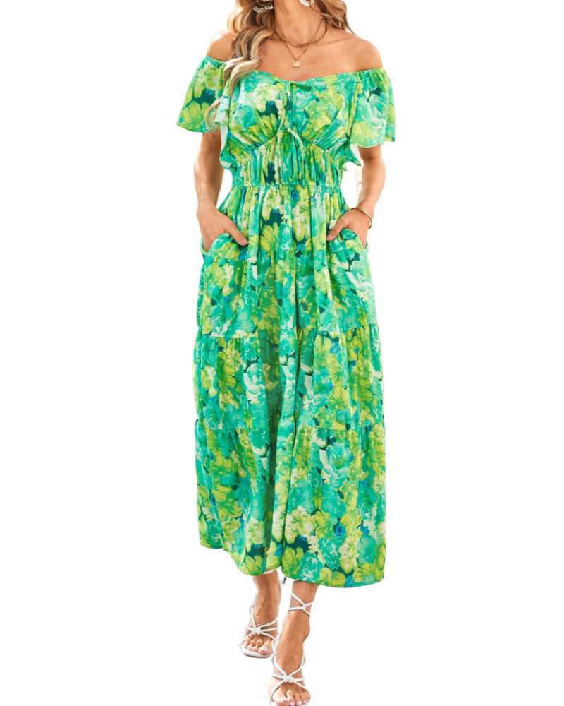 Brianna Maxikleid für Damen – Florales Muster, V-Ausschnitt, eckiger Kragen, Volants & Taschen