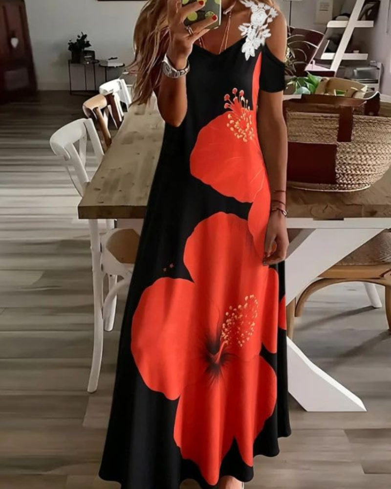 Annalise Robe Fleurie Femme – Robe Épaules Dénudées Col V Fluide d'Été