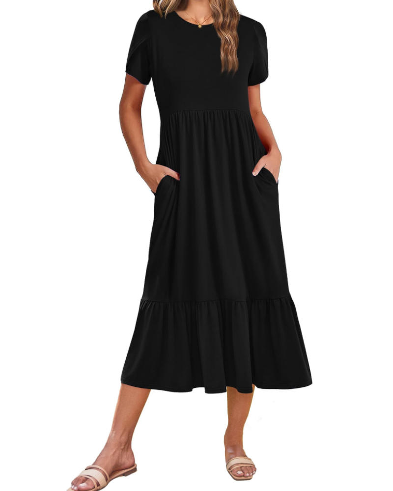 Emily Midikleid für Damen mit Volants – Sommerkleid mit ausgestelltem Schnitt, hoher Taille und Taschen