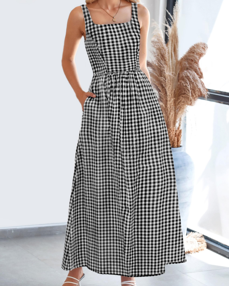 Opely Robe Maxi Femme Carreaux – Col Carré Bretelles & Taille Smockée