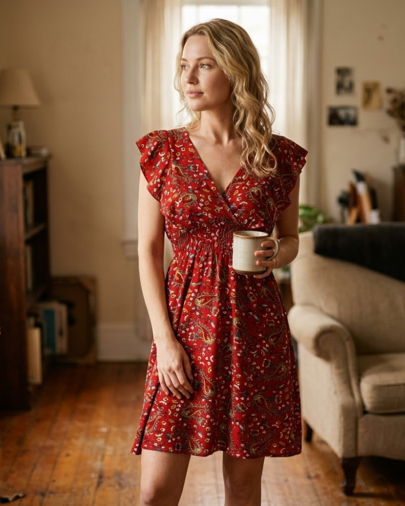 Vestido Mini Chloé Mulher – Vestido de Musselina Floral Decote V Folhos Sem Mangas