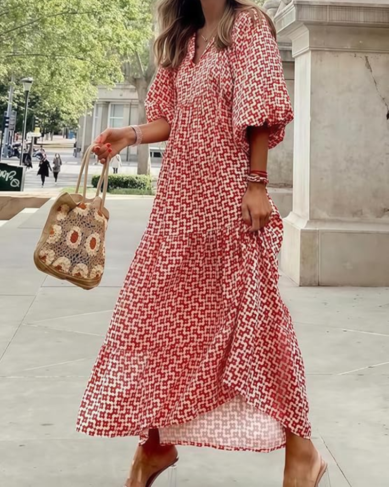 Rina Šaty Boho Femme – Květinový Vzor, Výstřih do V a Lehká Nabíraná Letní Rukávová