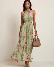 Sukienka maxi Vivienne damska – długa sukienka w kwiaty z dekoltem halter, taliowana, elegancka