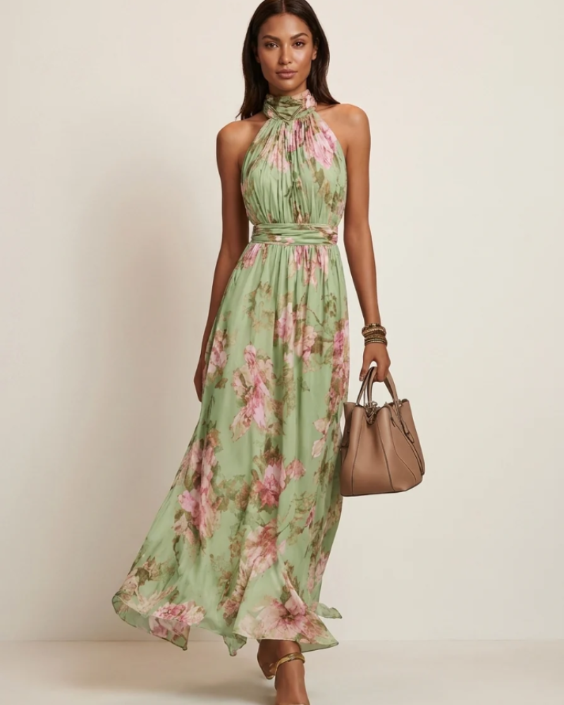 Vivienne Women's Maxi Dress – Elegant Long Floral Halter Neck Dress with Fitted Waist