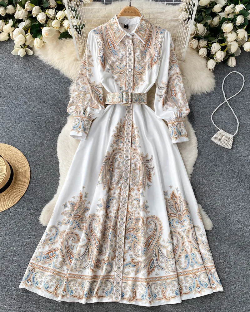 Vestido Vivienne para mujer – Vestido floral con cinturón, cuello clásico, corte elegante midi