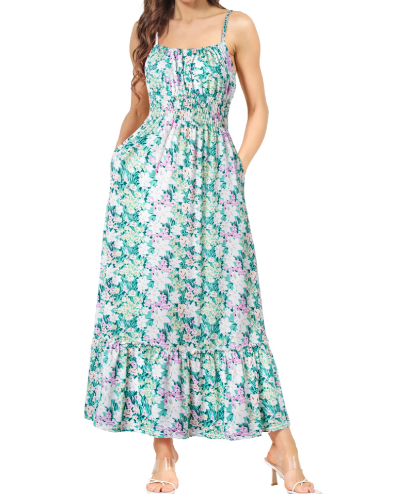 Vestido Maxi Piper para Mulher – Floral Plissado com Alças Finas Ajustáveis