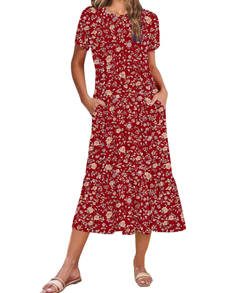Emily Midikleid für Damen mit Volants – Sommerkleid mit ausgestelltem Schnitt, hoher Taille und Taschen