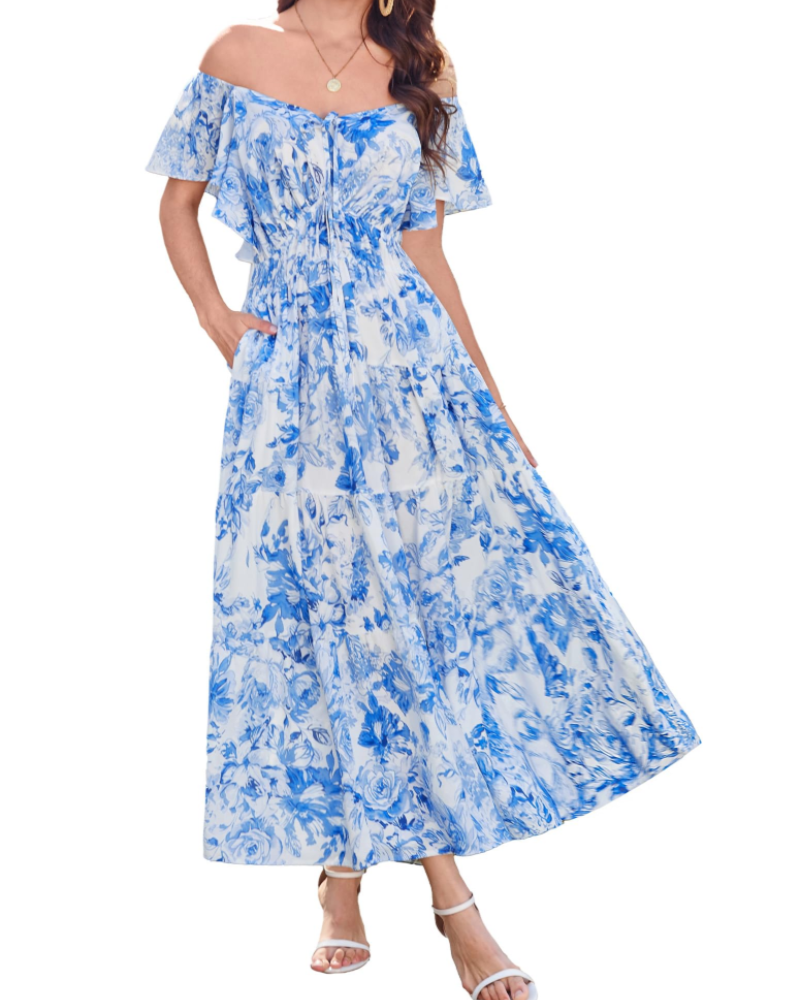 Brianna Maxikleid für Damen – Florales Muster, V-Ausschnitt, eckiger Kragen, Volants & Taschen
