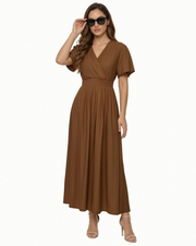 Vestido Maxi Sarai para Mulher Verão – Liso com Decote em V, Mangas com Folhos, Cintura Elástica