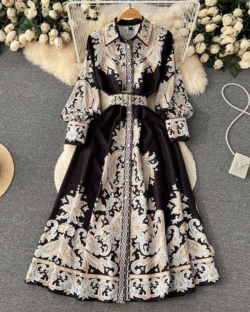 Vestido Vivienne para mujer – Vestido floral con cinturón, cuello clásico, corte elegante midi