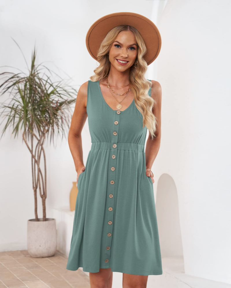 Mila Robe Femme Sans Manches – Robe Trapèze Col V avec Poches pour l’Été