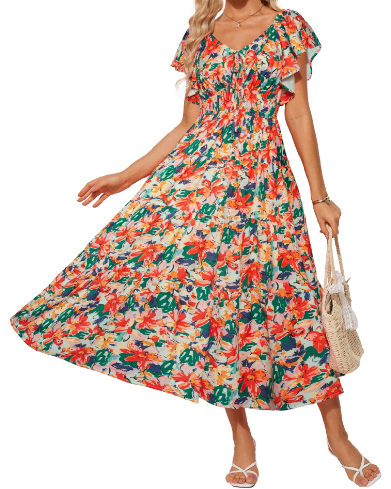 Brianna Maxikleid für Damen – Florales Muster, V-Ausschnitt, eckiger Kragen, Volants & Taschen