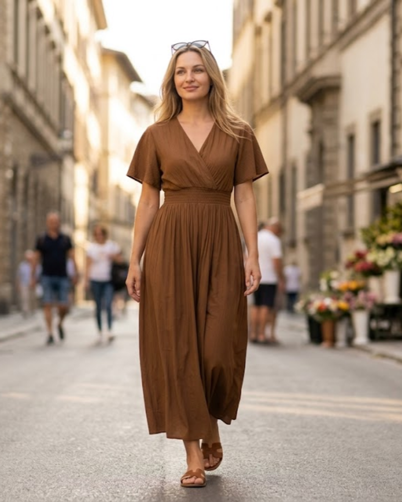 Sarai Maxi-jurk voor dames zomer – effen met V-hals, volantmouwen en elastische taille