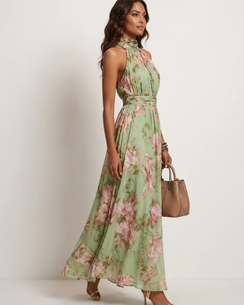Vivienne Women's Maxi Dress – Elegant Long Floral Halter Neck Dress with Fitted Waist