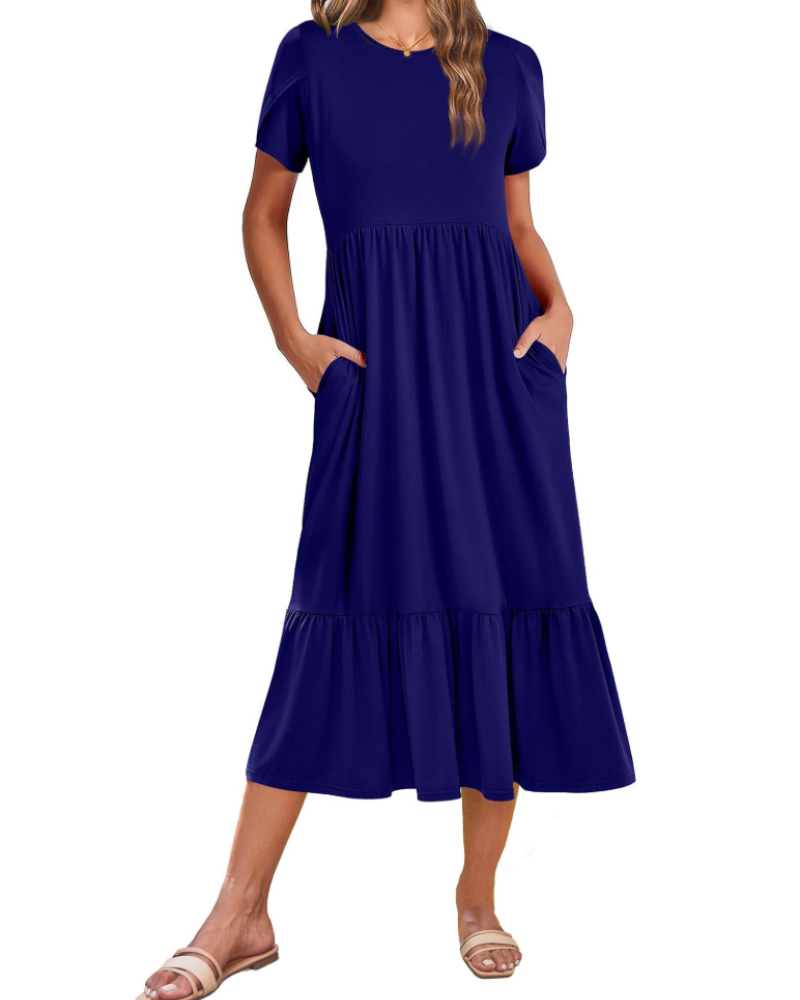 Emily Midikleid für Damen mit Volants – Sommerkleid mit ausgestelltem Schnitt, hoher Taille und Taschen