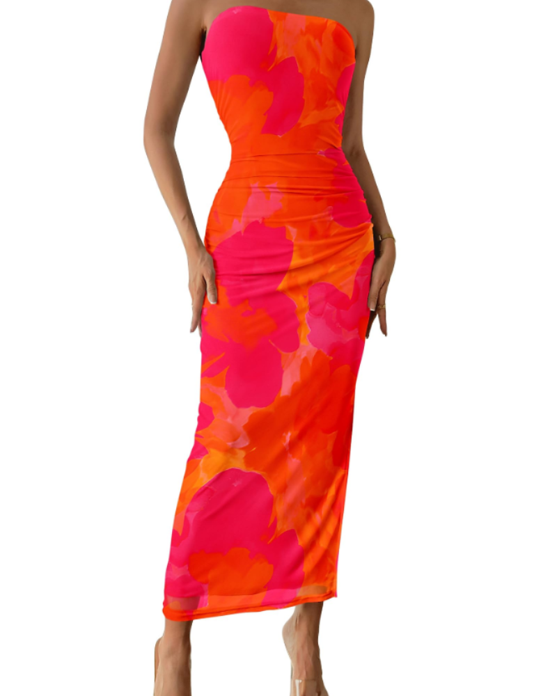 Brooklyn Robe Maxi Femme – Robe Bustier Fleurie Moulante avec Fente Élégante
