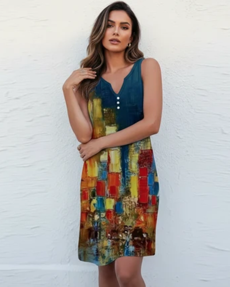 Vestido Celestine para mujer – Vestido sin mangas con estampado artístico, cuello en V, corte fluido y elegante