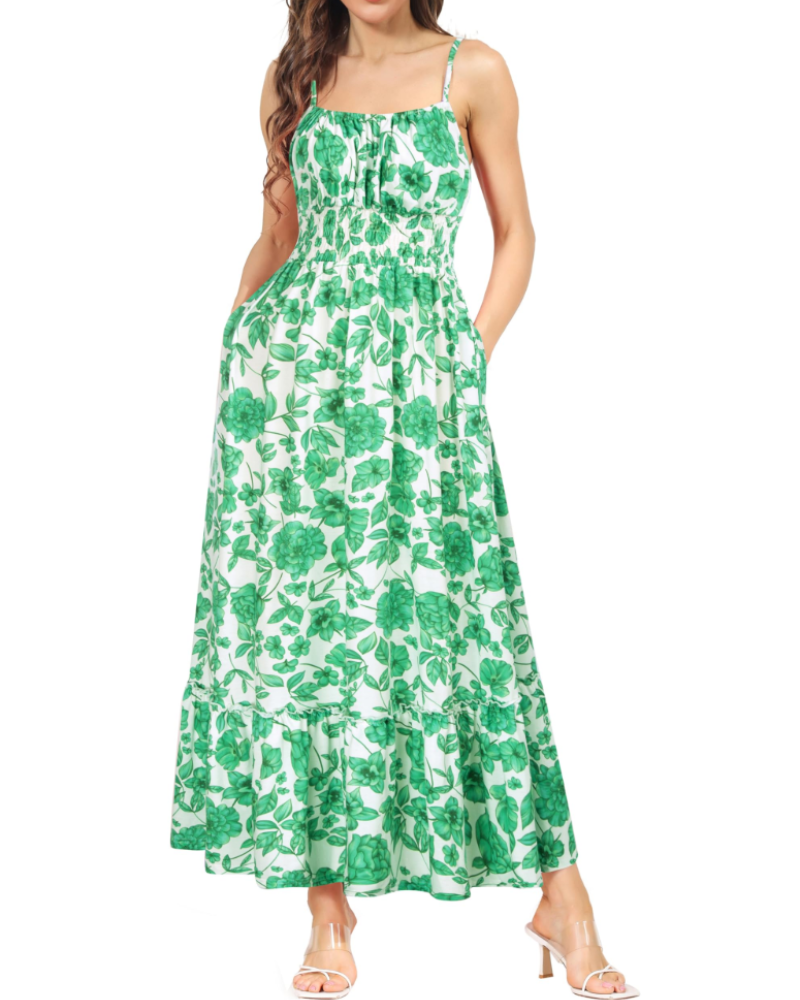 Vestido Maxi Piper para Mulher – Floral Plissado com Alças Finas Ajustáveis